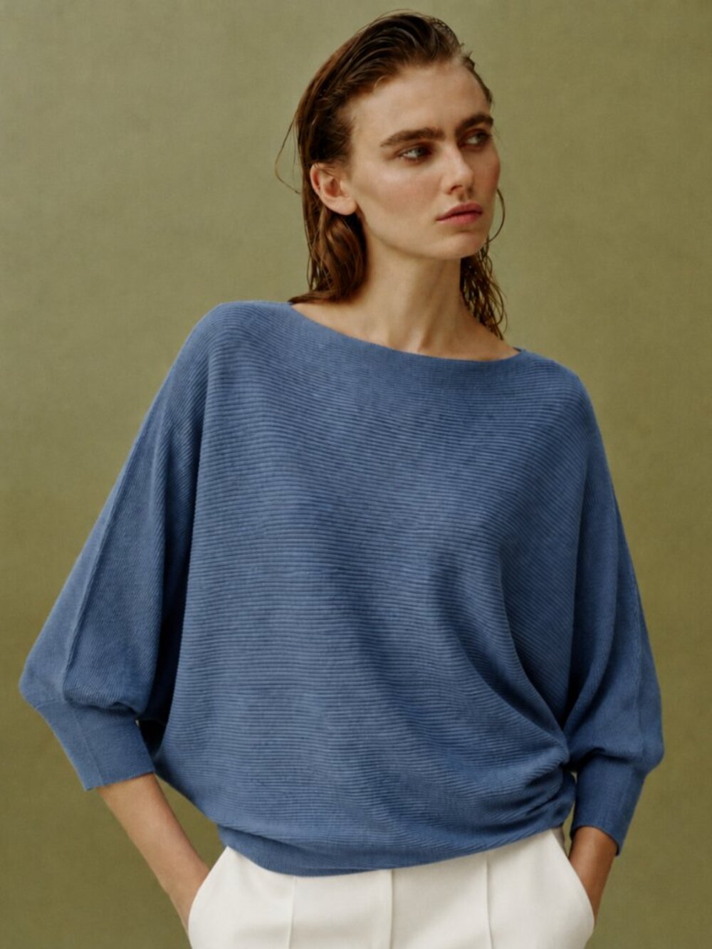 Ralph Lauren XS Cotton Blend Blue Sweater Dolman Sleeve Ribbed Knit Minimalist